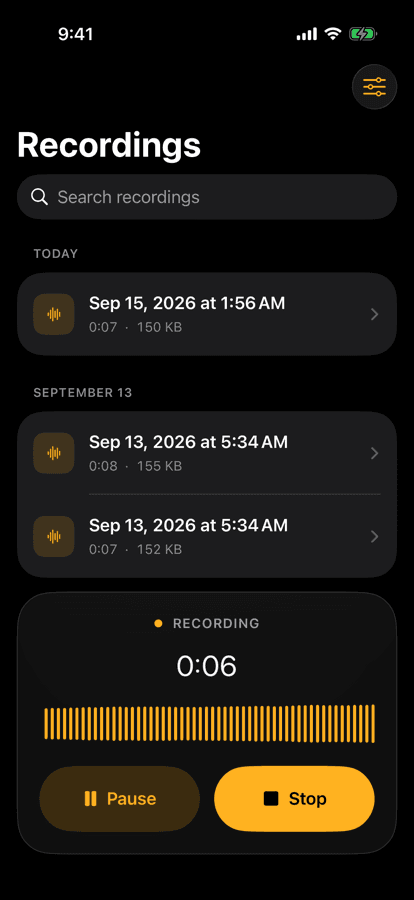 Parlin Recorder on an iPhone, part way through recording, with the running time and the live waveform on screen